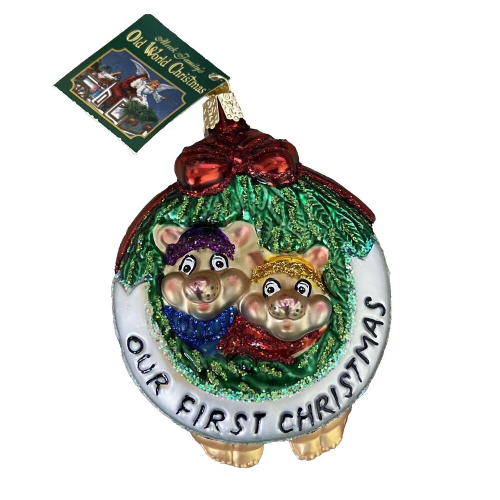 Old World Christmas Ornament Our First Christmas Mice 2 sided Gift Box